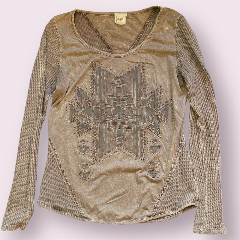 ⚡️2/$15 Daytrip: Cross Studded Knit Long Sleeve Pullover T-Shirt Gray | Size L